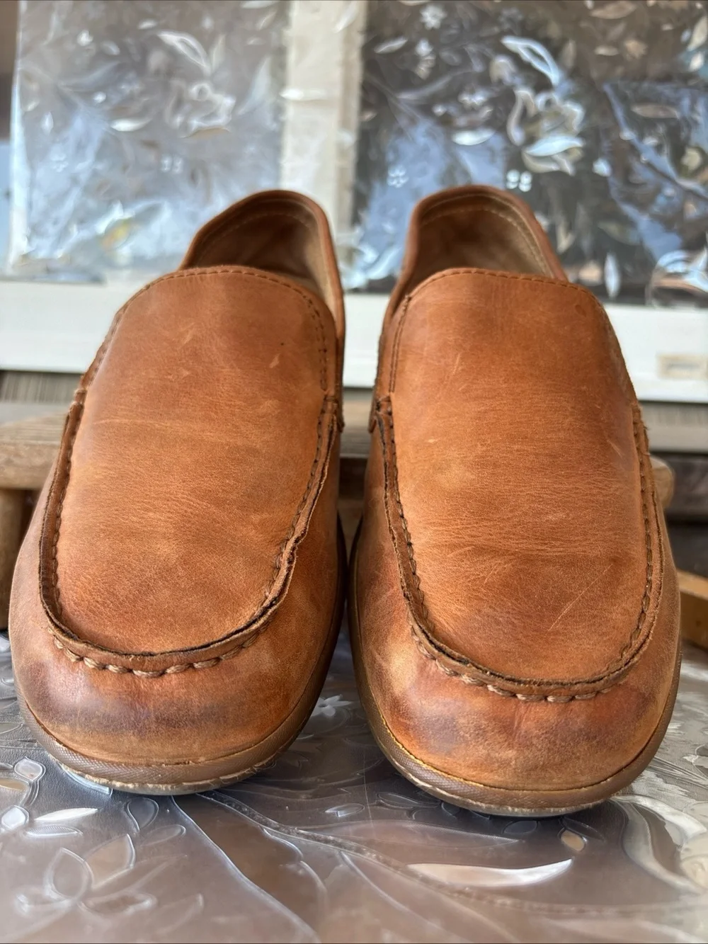 Born Men's 9 Distressed Leather Slip-On Loafers in Cognac Brown